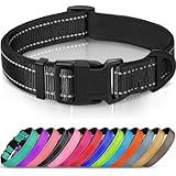 Joytale Reflective Dog Collar, Soft Neoprene Padded, Metal D-Ring, Nylon Pet Collar Adjustable for Large Dogs, Black, L