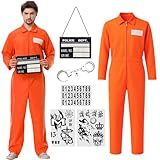 Deaboat Prisoner Jumpsuit Men Halloween Costume - 6-Piece Orange Prison Cosplay Outfit Unisex Adult Jail Uniform