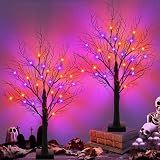 [Timer] 2 Pack Halloween Decorations Indoor, 24 Inch Halloween Tree with 24 Orange & Purple Lights, USB & Battery Operated Black Spooky Tree Halloween Table Decorations Indoor Home Party Decor Room