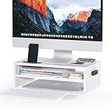 BONTEC Wooden Monitor Stand Riser, 2-Tier Desk Shelf with Storage Organizer, Ergonomic Computer Stand with Cable Management, Cellphone Holder, White, 16.5 Inch