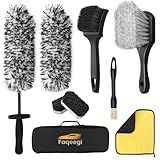 Faqeegi 9PCS Professional Wheel Detailing Kit - Microfiber Flat Rim Brush w/Removable Cover, Boar Hair Detail Brush, Cleaning Pads, Towel & Storage Bag | Scratch-Free for All Vehicles