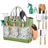 Grenebo Gardening Tools 9-Piece Heavy Duty Garden Hand Tools with Fashion and Durable Garden Tools Organizer Handbag, Rust-Proof Garden Tool Set, Ideal Gardening Gifts for Women