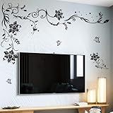 Supzone Flowers & Butterflies Wall Decals - DIY Black & Floral Wall Stickers for Bedrooms & Living Rooms