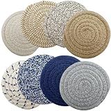 Handmade Woven Cotton Coasters - Set of 8 with Holder, Absorbent, Protects Tabletop - 4.3 Inch Diameter, Home Decor, Kitchen Decor, Table Decor, Coffee Table Decor, Living Room Decor, 8 Colors