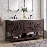 AMERLIFE 60” Farmhouse Bathroom Vanity with Double Sink, Freestanding Cabinet with 2 Drawers, 4 Barn Doors & Open Shelf, Rustic Storage for Master or Family Bathroom, Rustic Brown