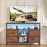 Sweetcrispy TV Stand Dresser for Bedroom 4 Drawers Entertainment Center with LED Lights and Power Outlets Media Console for 50 Inch TV Living Room Furniture with Open Shelf Adjustable Feet, Brown