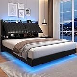 Jocoevol Queen Size Floating Bed Frame with Ergonomic Hidden Storage Headboard and LED Lights, Visual Floating LED Bed Frame with Charing Station, Leather Upholstered Platform Bed, Heavy Duty, Black