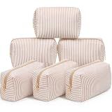 Sanwuta 6 Pcs Seersucker Cosmetic Bags Bulk, Striped Zippered,Khaki