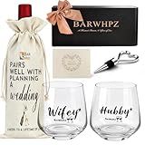 Hubby & Wifey Wine Glasses Gift Set for Couples,with Heart Wine Stopper and Wine Bag, Card,Bridal Shower/Wedding Engagement Gifts for Mr and Mrs,Anniversary Wedding Present,Valentine's Day Gift