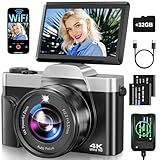 4K Digital Camera for Photography with WiFi 64MP Auto-Focus Vlogging Camera for YouTube Video 3'' 180° Flip Screen 4K Cameras 16X Zoom Anti-Shake Compact Point and Shoot Cameras with SD Card