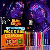Blue Squid UV Neon Body Crayons - 12 Vibrant Colors Twistable & Washable Face Paint Sticks - Face Painting Kit for Kids Party, Halloween, Belly Painting Kit Pregnancy, Makeup Body Paints for Adults