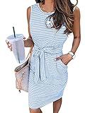 MEROKEETY Womens Summer Sleeveless Striped T Shirt Dress Casual Crew Neck Tie Waist Mini Dresses Blue
