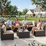 LEVELEVE 7 Pieces Outdoor Patio Furniture Sets,Rattan Conversation Sectional Set,Manual Weaving Wicker Patio Sofa with Tea Table