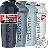 VELOMIX -4 PACK 28 Oz Protein Shaker Bottle for Protein Mixes - 4x Wire Whisk | Leak Proof Shaker Cups for Protein Shakes | Large, Stackable Protein Shaker Bottle Pack | Dishwasher Safe (Aqua Depths)