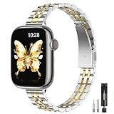 STIROLL Slim Metal Band Compatible with Apple Watch 41mm 40mm 38mm 42mm(Series 11 10) Women, Stylish Thin Stainless Steel Chain Straps for iWatch Bands Series 9 8 7 6 5 4 3 2 1 SE, Silver Gold