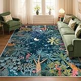 Lahome Midnight Jungle Green Rug, Washable Rugs 5x7 for Bedroom Aesthetic, Soft Large Office Area Rug Botanical Stain Resistant Non Slip Dining Room Carpet for Under Table Living Room