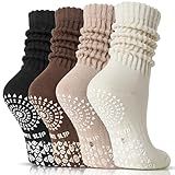 Sandsuced Pilates Grip Slouchy Yoga Socks Winter Warm Cozy Scrunch Boot Grippy Crew Slipper Socks 4 Pairs for Women Gift Stocking Stuffers(Black/Dark khaki/Light khaki/Beige,M)