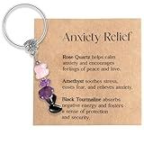 Kimonce Comfort Crystal Keychain Gift for Women, Natural Rose Quartz Amethyst Beaded Key Ring with Card, Cute Bag Charm for Friend Coworker Stress Relief Gift Alternative