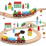 SainSmart Jr. Wooden Train Set for Toddler with Double-Side Train Tracks Fits Brio, Thomas, Melissa and Doug, Kids Wood Toy Train for 3,4,5 Year old Boys and Girls
