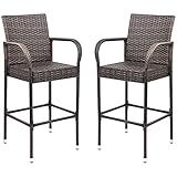Homall Patio Bar Stools Wicker Barstools Indoor Outdoor Bar Stool Patio Furniture with Footrest and Armrest for Garden Pool Lawn Backyard Set of 2 (Brown)