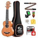 Donner Soprano Ukulele Mahogany 21 inch Ukelele Beginner Kit Online Lesson Gig Bag Strap Nylon String Tuner Picks Cloth DUS-1 Ukalalee Set Christmas Gift