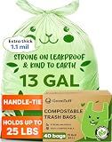 13 Gallon Compostable Trash Bags (40 Count) — Leakproof Plant-based Thick (1.1 Mil) Tall Kitchen Garbage Bags — ASTM D6400 BPI Certified — Heavy-Duty Large Food Scrap Liner Bag with Handle-Tie