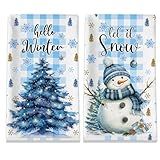Winter Kitchen Towels, Snowman Towels Set of 2, Christmas Tree Let It Snow Dish Hand Towels with Snowflakes and Cardinal, Blue White Buffalo Plaid Seasonal Gifts Decorations for Home, 18x26 Inches