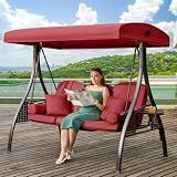 Yalissey 3 in 1 Outdoor Porch Swing with Adjustable Canopy, 3 Seat Outdoor Swing for Adults, Patio Swing Chair with Thickened Cushions,Pillows & Cup Holders for Backyard, Porch, Garden (Wine Red)
