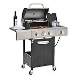 Endark 3-burner propane grill, 40,500 BTU with side-fire function. Stainless steel, enameled cast iron grate, thermometer, wheels. Perfect for patio and garden cooking