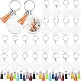 Yaomiao 100 Set Acrylic Photo Frame Keychain with Tassels, Custom Insert Photo Keyring Clear Blank Picture Keyring (Round)