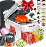 Mueller Pro-Series All-in-One, 12 Blade Mandoline Slicer for Kitchen, Food Chopper, Vegetable Slicer and Spiralizer, Cutter, Dicer, Grater, Kitchen Gadgets Sets with Container, White Sand/Gray