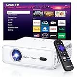 Aurzen Roku TV Smart Projector with Wifi and Bluetooth, Roku Streaming Experience Built-in, 1080P FHD, Dolby Audio, Auto Focus & Keystone, Zoom, Movie Portable Outdoor Mini Projector, White