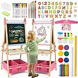 Kids Easel Including 100+ Accessories, Dual-Sided Wooden Easel for Kids Girls Age 3-12 with Magnetic Chalk & Painting Board, Free Height Adjustable Art Easel Supplies for Toddlers (Pink)