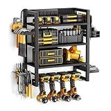 Kalrin Wooden 4-Tier Power Tool Organizer Wall Mount with 5 Outlet Charging Stations, Garage Tool Organizers and Storage with 4 Drill Holders, Power Tool Storage for Workshop, Basement, Pure Black