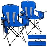 Camping Chairs for Adults 2 Pack, Folding Chair with 4-Can Cooler Bag & Cup Holder, Portable Heavy Duty Outdoor Chair with Mesh Back for Camping, Beach, Lawn, Fishing, Blue