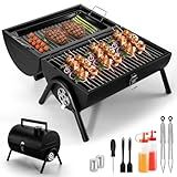 Portable BBQ Charcoal Grill, Joyfair Small Folding Tabletop Barbecue Smoker, 2-IN-1 2-Sided Carbon Grills with Tray, Rack, BBQ Tools, for Outdoor Camping Patio Picnic, Heavy Duty (230Sq.in), 11 PCS