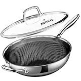 XOHUYD Wok Pan, 13-Inch Stainless Steel Woks & Stir-Fry Pans Nonstick, Wok Pan with Lid for Induction, Electric, Gas, Halogen, All Stoves, Professional PFOA Free Cookware, Dishwasher & Fast Heat
