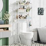 Simple Trending Over The Toilet Storage Rack, Metal 3 Tier Bathroom Organizer Shelf with Paper Holder and 3 Hooks, Freestanding Shelf Space Saver Above Toilet, White