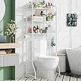 Simple Trending Over The Toilet Storage Rack, Metal 3 Tier Bathroom Organizer Shelf with Paper Holder and 3 Hooks, Freestanding Shelf Space Saver Above Toilet, White