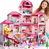 4-Storey House for Girls Ages 3-7, Villa Playset with 2 Dolls and 12 Room