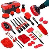 MIANYINGR 35Pcs Car Detailing Kit, Drill Brush Attachments with Detailing Brush Set and Tools Box, Red Auto Cleaning Kit Interior for Wheels, Dashboard, Windows (B：35PCS-R)