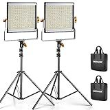 Neewer 2 Packs Dimmable Bi Color 480 LED Video Light Kit, 3200~5600K CRI 96+ LED Panel with U Bracket, 75 inches Tripod Light Stand for YouTube Recording Studio Photography Streaming Key Lighting