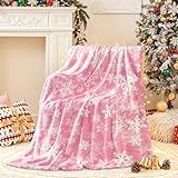 Christmas Blanket, Christmas Decorations Gifts for Women or Kids, Flannel Fleece Winter Holiday Blanket, Fluffy Cozy Soft Christams Throws for Couch Sofa Bed, Snowflake Design, Pink, 50" X 60"