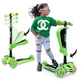 Hurtle Kids Scooter - Child Toddler Kick Scooter Toy with Foldable Seat - 3 Wheel Scooter with Adjustable Height, Anti-Slip Deck, Flashing Wheel Lights, for Boys/Girls 1-12 Year Old, Green
