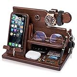 TESLYAR Wood Phone Docking Station for Men - Desk or Nightstand Organizer - Birthday Gifts for Husband, Dad - Anniversary Idea from Wife - Key Holder, Stand Wallet, Watch & Essentials (Bourbon Brown)