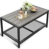 ODK Outdoor Coffee Table with Double-Layer Storage, Rectangle Weather-Resistant Patio Coffee Table for Garden, Balcony, Hot Tub, Poolside, Heavy-Duty Metal Frame, Grey
