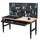 60" Adjustable Workbench, 3000 Lbs Capacity Heavy-Duty Work Bench Table with Power Outlet & Pegboard, Rubber Wood Top Garage Work Table with 2 Drawers & Pegboard for Workshop, Garage, Office