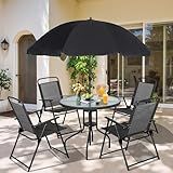 Vongrasig 6 Piece Folding Patio Dining Set,Small Metal Outdoor Garden Patio Table and Chair Set w/Umbrella for Lawn,Deck,Backyard,Black