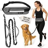 Tails & Tales Hands Free Dog Leash with Lightweight Waist Pouch for Walking Running Hiking, Adjustable Belt 25-45", Dual Padded Handles, Reflective Bungee Design for Small to Large 100lb Dogs (Gray)