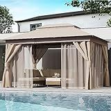 LAUSAINT HOME Semi-Permanent Outdoor Patio Gazebo 10'x13', Heavy Duty Party Tent Shelter with Double Roofs, Mosquito Nettings and Privacy Screens for Backyard, Garden, Lawn, Khaki